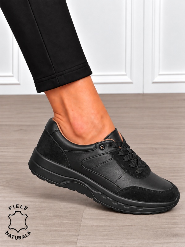 Pantofi sport damă din piele naturală și piele întoarsă cu design modern CRL1896 NEGRU - Img 2