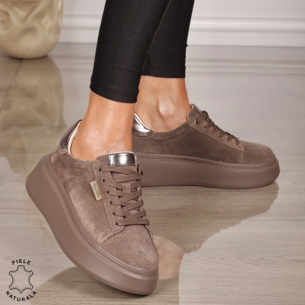Pantofii casual din piele naturala robusti CRL1451 TAUPE - Img 4