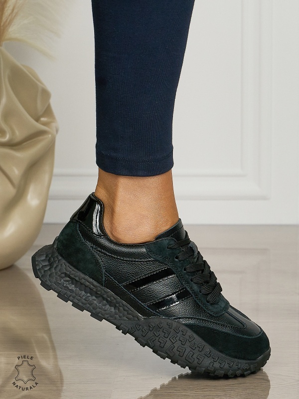Pantofii casual piele naturala cu siret si dungi laterale CRL1459 NEGRU - Img 2