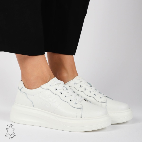 Pantofii casual piele naturala CU SIRET SI MODEL LATERAL CRL1440 ALB - Img 3