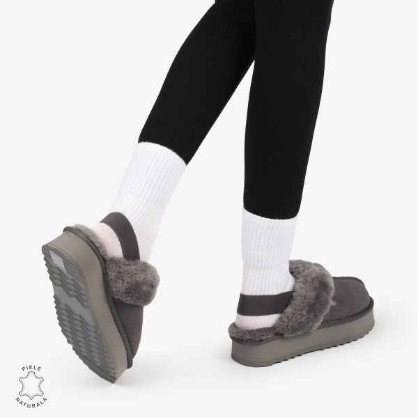 PAPUCI DAMA TIP UG din PIELE INTOARSA CU ELASTIC LA SPATE CRL1269 CULOARE: Gri inchis - Img 4