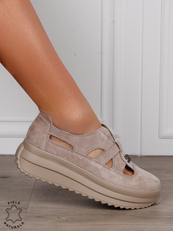 Sandale dama din Piele Naturala Intoarsa cu talpa inalta CRL1558 KHAKI - Img 2
