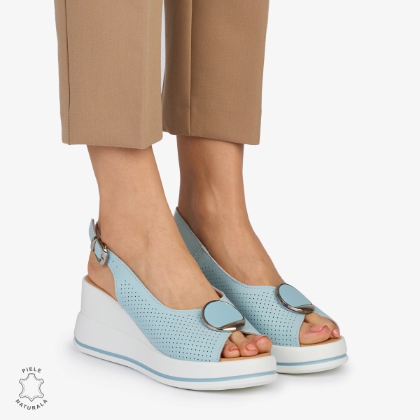 SANDALE Dama Piele Naturala CU TALPA INALTA SI ACCESORIU METALIC CRL1047 Culoare: ALBASTRU - Img 3