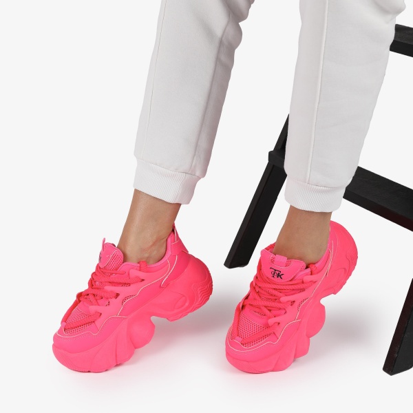 SNEAKERS din PIELE ECOLOGICA SI TEXTIL CU SIRETURI DUBLE SI TALPA INALTA CRL1287 ROZ - Img 4