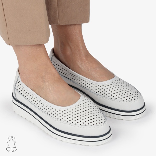 Balerini dama din Piele Naturala cu talpa groasa CRL0172 ALB - Img 3