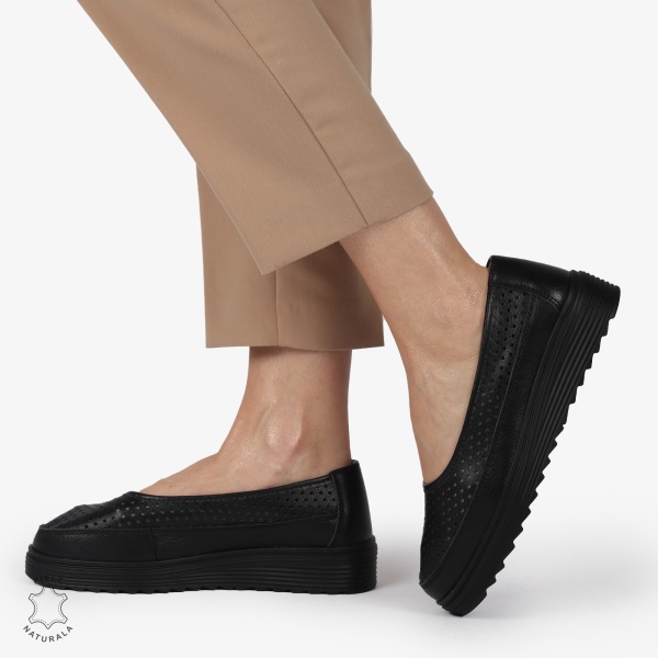 Balerini dama din Piele Naturala cu talpa groasa CRL0172 NEGRU - Img 2