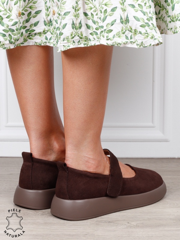 Balerini damă din piele naturală Intoarsa cu baretă reglabilă CRL1806 CAFENIU - Img 3