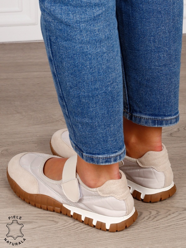 Balerini damă din piele naturală întoarsă și material textil, cu branț din piele naturală CRL1562 BEJ - Img 4