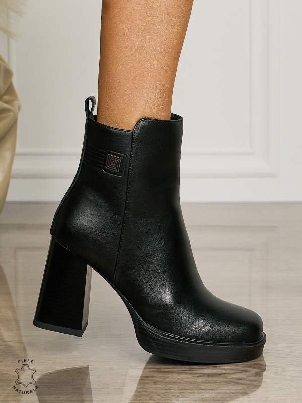 Botine DAMA din PIELE NATURALA CU TOC GROS CRL1505 Negru - Img 2