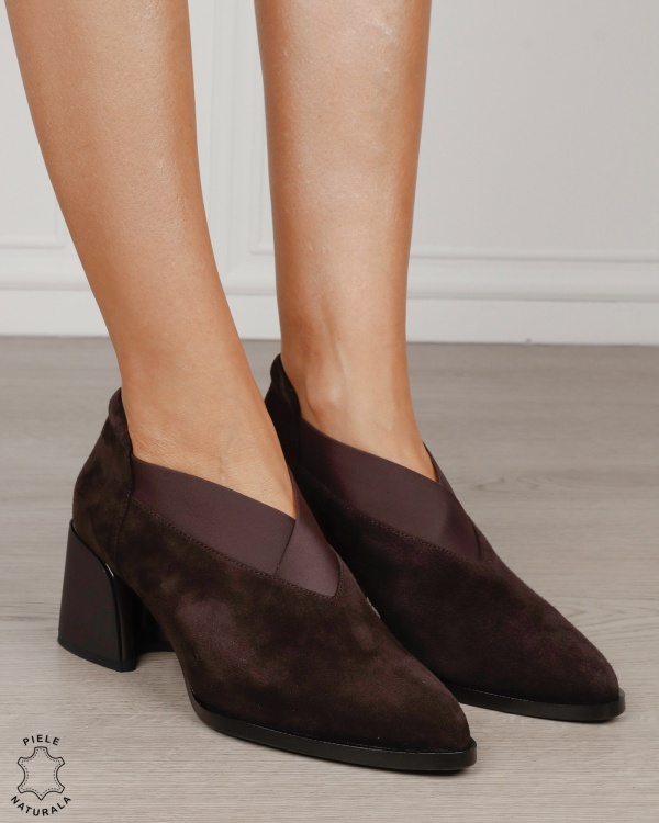 Botine damă din piele naturală întoarsă cu bandă elastică și toc gros CRL1886 CAFENIU - Img 2