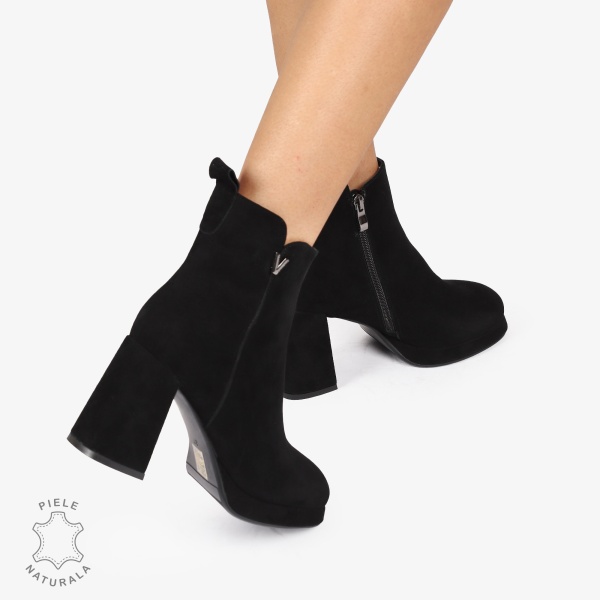 botine dama piele naturala Intoarsa cu toc Gros Inalt CRL1255 NEGRU - Img 3
