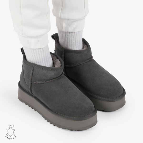 CIZME TIP UG DAMA SCURTE din PIELE NATURALA INTOARSA CRL1267 CULOARE: GRI INCHIS - Img 3