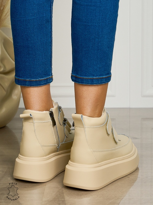 Ghete casual din piele naturală talpa solida cu Velcro si fermoar CRL1512 BEJ - Img 3