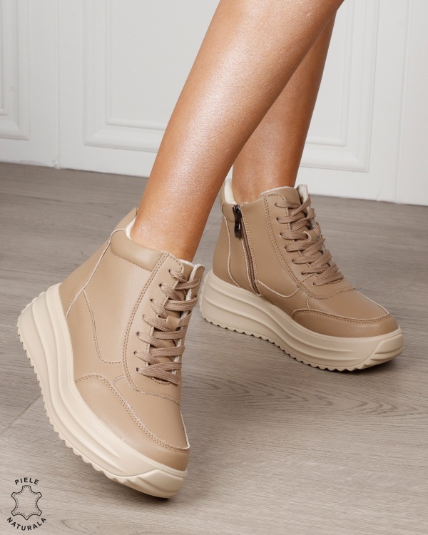 Ghete damă din piele naturală cu șiret și fermoar lateral CRL1891 KHAKI - Img 2
