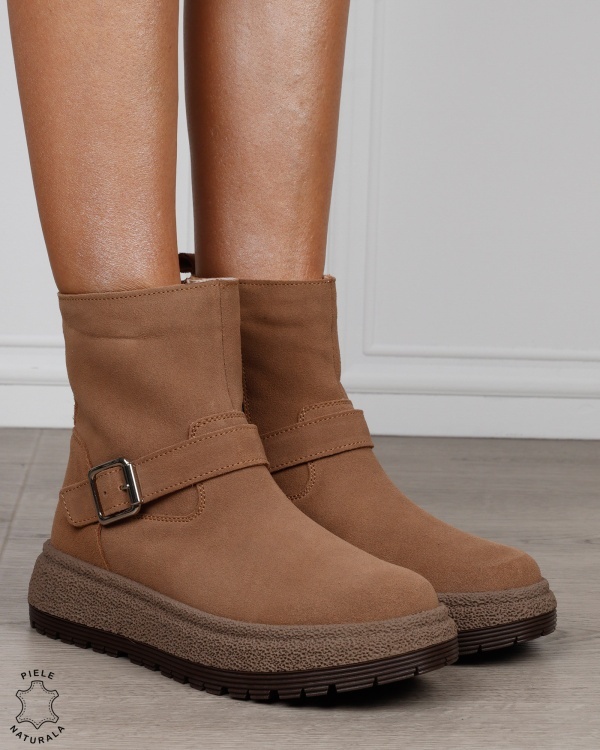 Ghete damă din piele naturală intoarsa cu talpă înaltă și cataramă CRL1890 KHAKI - Img 2