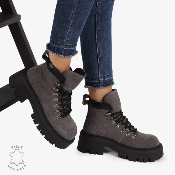 Ghete DAMA din PIELE Naturala Intoarsa Tip Combat Boot CRL1240 GRI - Img 3