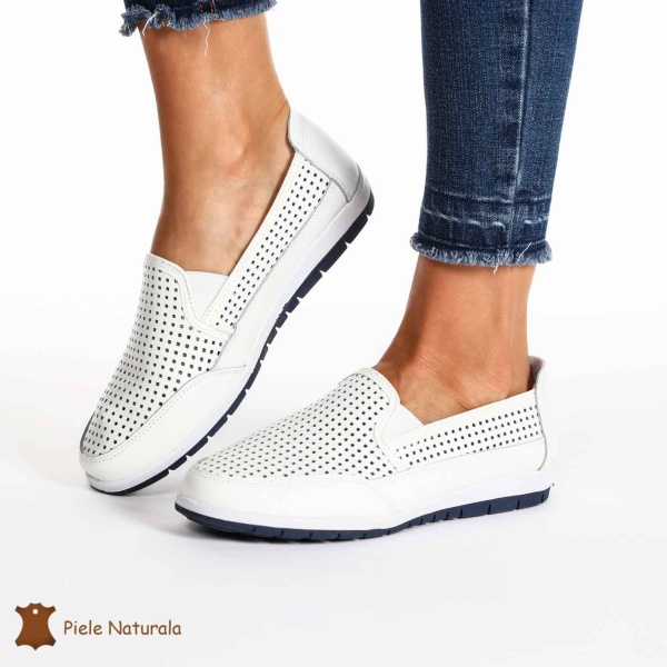 Mocasini ALbi Perforați din Piele naturală CRL0224 - Img 2