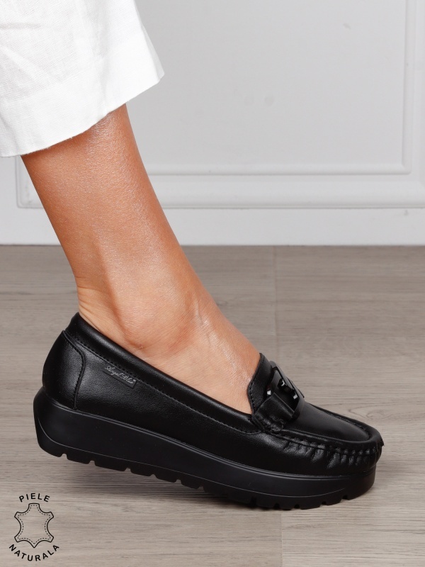 MOCASINI damă din piele naturală cu talpa inalta si catarama CRL1581 Negru - Img 2