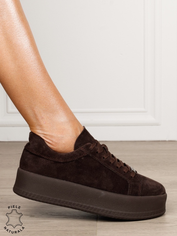 Pantofi casual damă din piele întoarsă naturală cu detaliu decorativ frontal CRL1820 MARO - Img 2