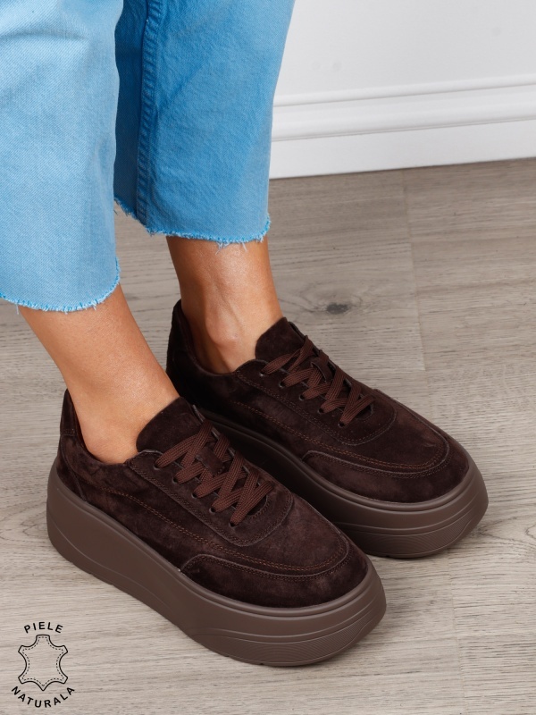 Pantofi casual damă din piele întoarsă naturală cu siret CRL1822 CAFENIU - Img 2