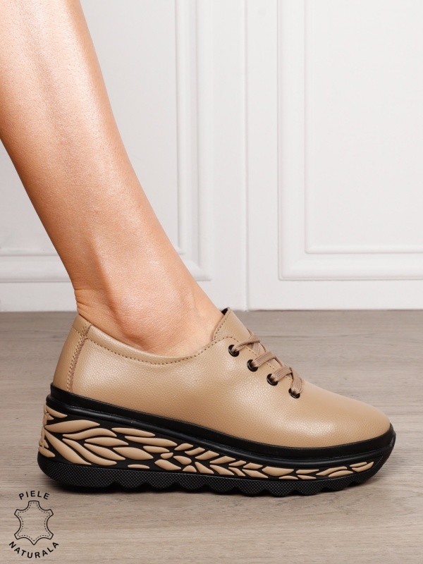 Pantofi Casual dama din Piele naturala CU DESIGN PE TALPA SIRET CRL1345 KHAKI - Img 2