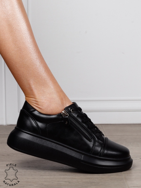Pantofi Casual Damă din Piele Naturală cu Fermoar Lateral CRL1801 NEGRU - Img 2