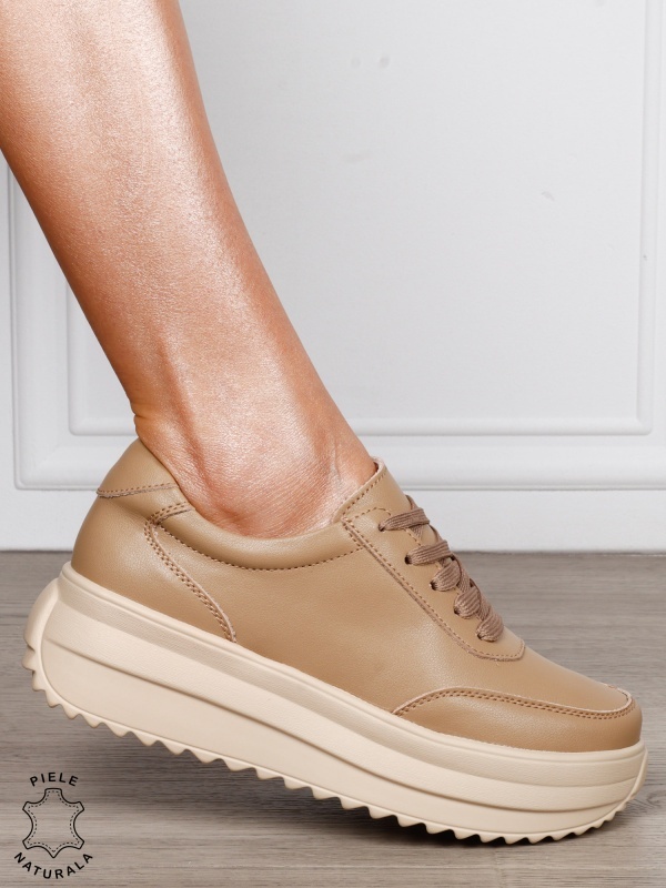 Pantofi casual dama din piele naturala cu șiret comozi și versatili CRL1444 KHAKI - Img 2