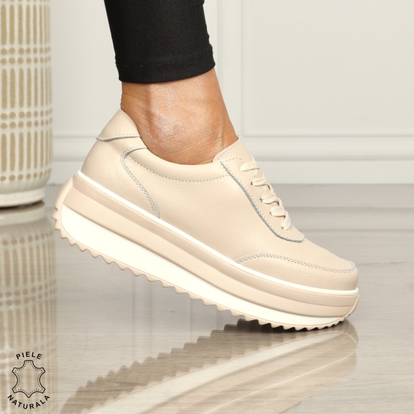Pantofi casual dama din piele naturala cu șiret comozi și versatili CRL1444 ROZ - Img 4