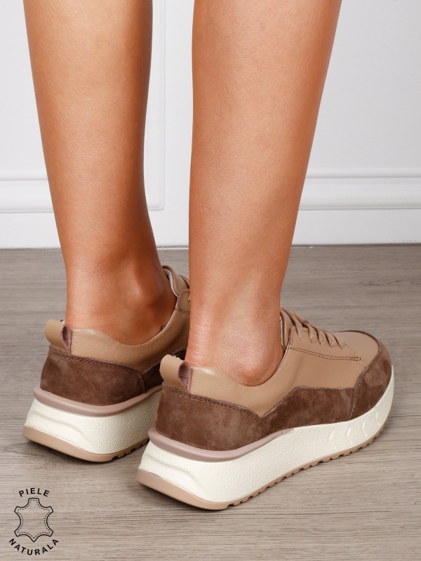 Pantofi Casual Damă din Piele Naturală cu Șiret și Design în Combinație de Culori CAMEL CRL1800 - Img 3