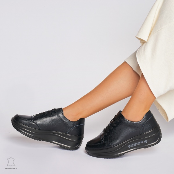 Pantofi Casual dama din Piele naturala cu talpa groasa CRL0039 negru - Img 4
