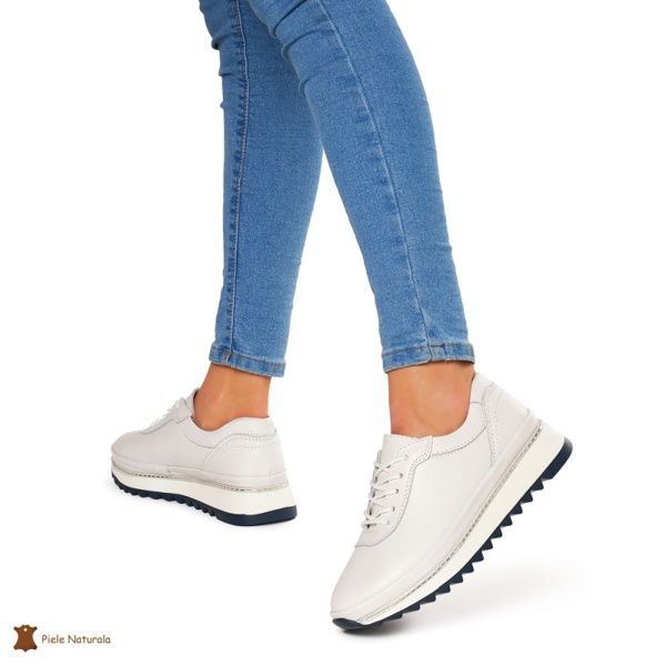 Pantofi Casual dama din Piele naturala cu talpa groasa CRL0048 ALB - Img 2