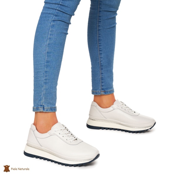 Pantofi Casual dama din Piele naturala cu talpa groasa CRL0048 ALB - Img 3