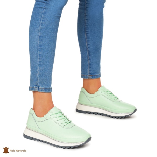 Pantofi Casual dama din Piele naturala cu talpa groasa CRL0048 VERDE - Img 3