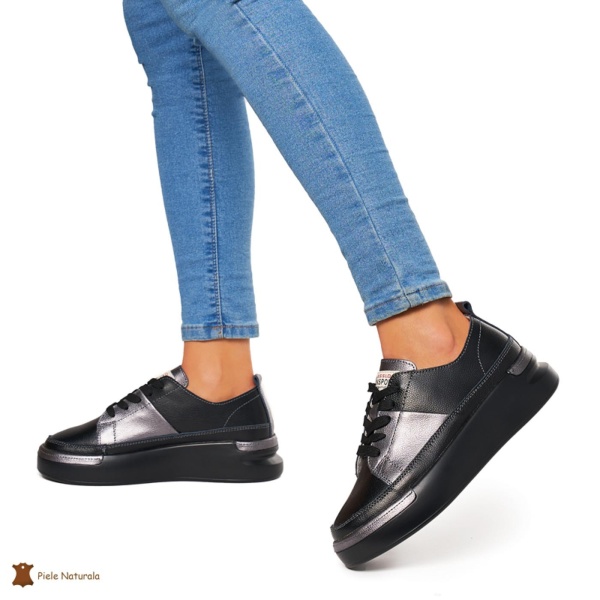 Pantofi Casual dama din Piele naturala cu talpa groasa CRL0056 NEGRU CU PEWTER - Img 3