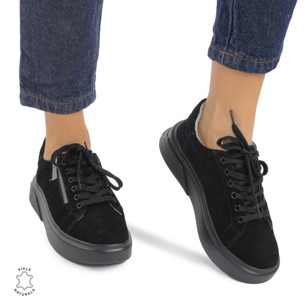Pantofi Casual DAMA din PIELE Naturala Intoarsa CRL0940 CULOARE: Negru - Img 2