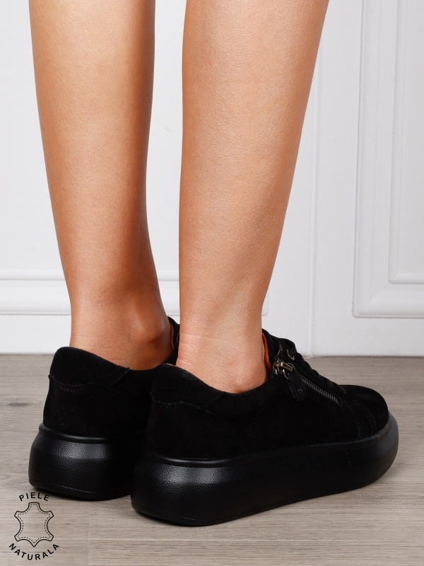 Pantofi Casual Damă din Piele Naturală intoarsa cu Fermoar Lateral CRL1801 NEGRU - Img 3