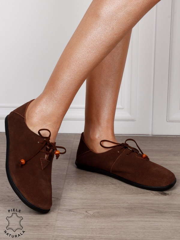 Pantofi Casual Damă din Piele Naturală Întoarsă cu Șiret și Design Minimalist CRL1274 CAFENIU - Img 2
