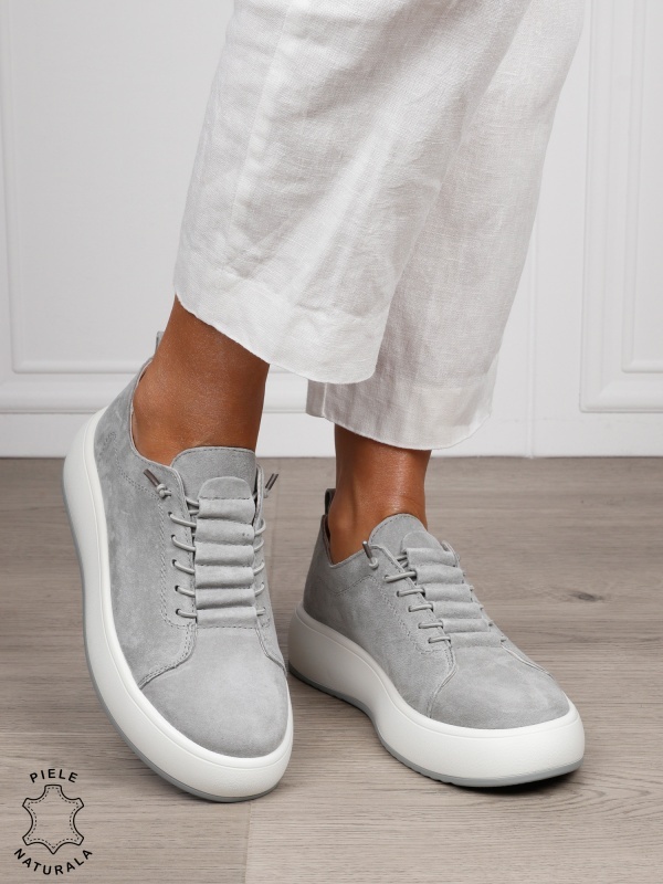 Pantofi Casual dama din Piele Naturala Intoarsa cu siret special CRL1550GRI - Img 3