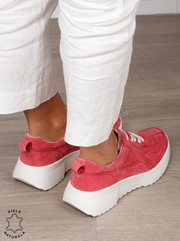 Pantofi Casual dama din Piele Naturala Intoarsa cu talpa inalta CRL1553 ROZ - Img 3