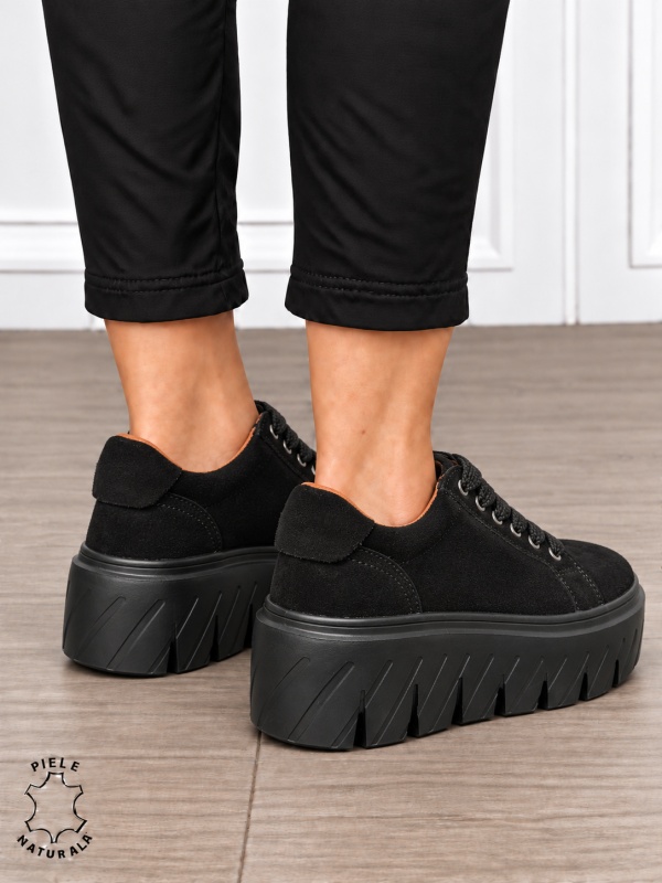 Pantofi casual damă din piele naturală Intoarsa cu talpă Speciala inalta CRL1913 NEGRU - Img 3
