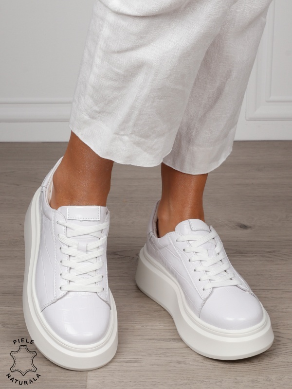 Pantofi Casual dama din Piele Naturala Lacuita CRL1552 ALB - Img 2