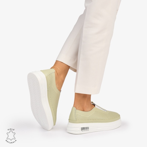 Pantofi Casual dama din Piele Naturala Perforata cu elastic frontal CRL1068 CULOARE: BARILLA - Img 4