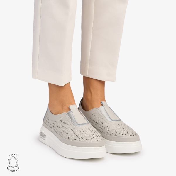 Pantofi Casual dama din Piele Naturala Perforata cu elastic frontal CRL1068 CULOARE: GRI - Img 3