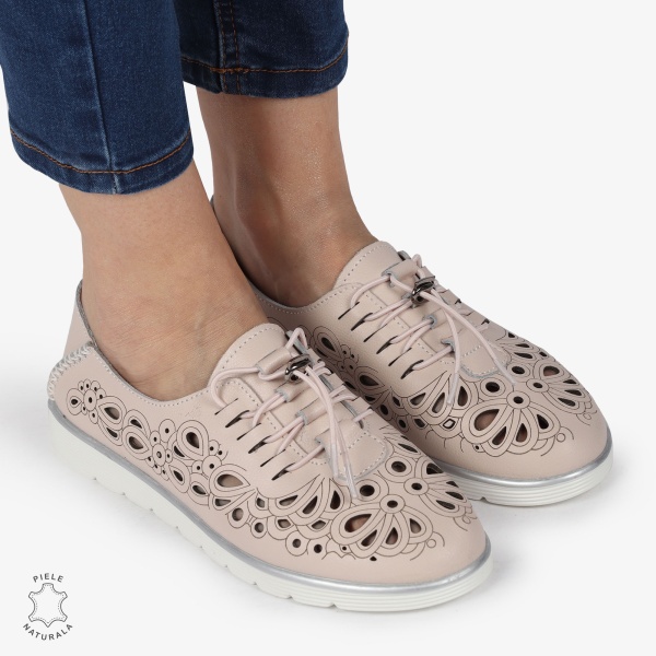PANTOFI CASUAL dama din Piele naturala PERFORATA CU MODEL CRL1356 ROZ - Img 2