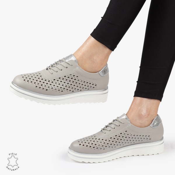 Pantofi Casual dama din piele naturala Perforati CRL0782 GRI - Img 4
