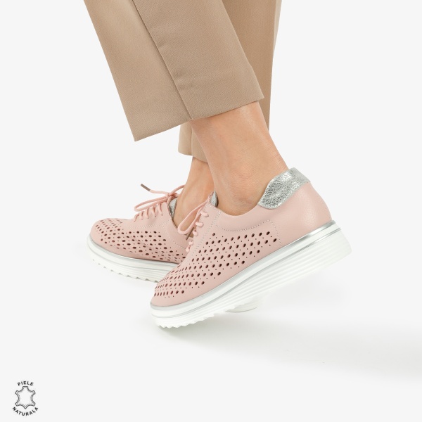 Pantofi Casual dama din piele naturala Perforati CRL0782 ROZ - Img 4