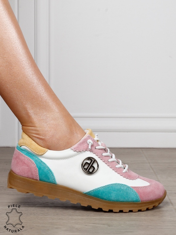 Pantofi Casual Damă Multicolor cu Șiret din Piele Naturală CRL1803 ALB CU ROZ - Img 2