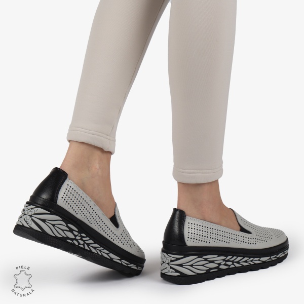 Pantofi Casual dama PERFORATI din Piele naturala CU DESIGN PE TALPA SLIP-ON CRL1337 GRI - Img 4