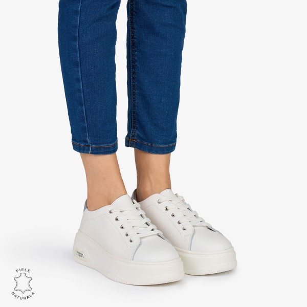 PANTOFI CASUAL Dama Piele Naturala CRL1054 Culoare: ALB CU ARGINTIU - Img 3