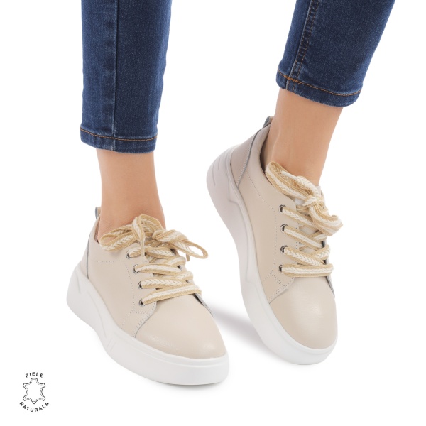 Pantofi casual dama piele naturala cu siret multicolor gros CRL0874 BEJ - Img 2